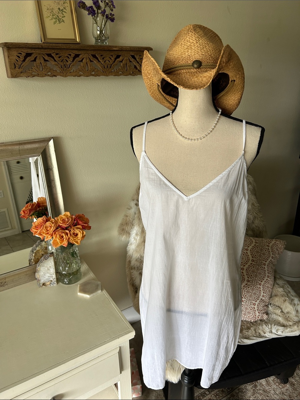 Frame White v neck 100% Cotton sheer Slip Dress L
